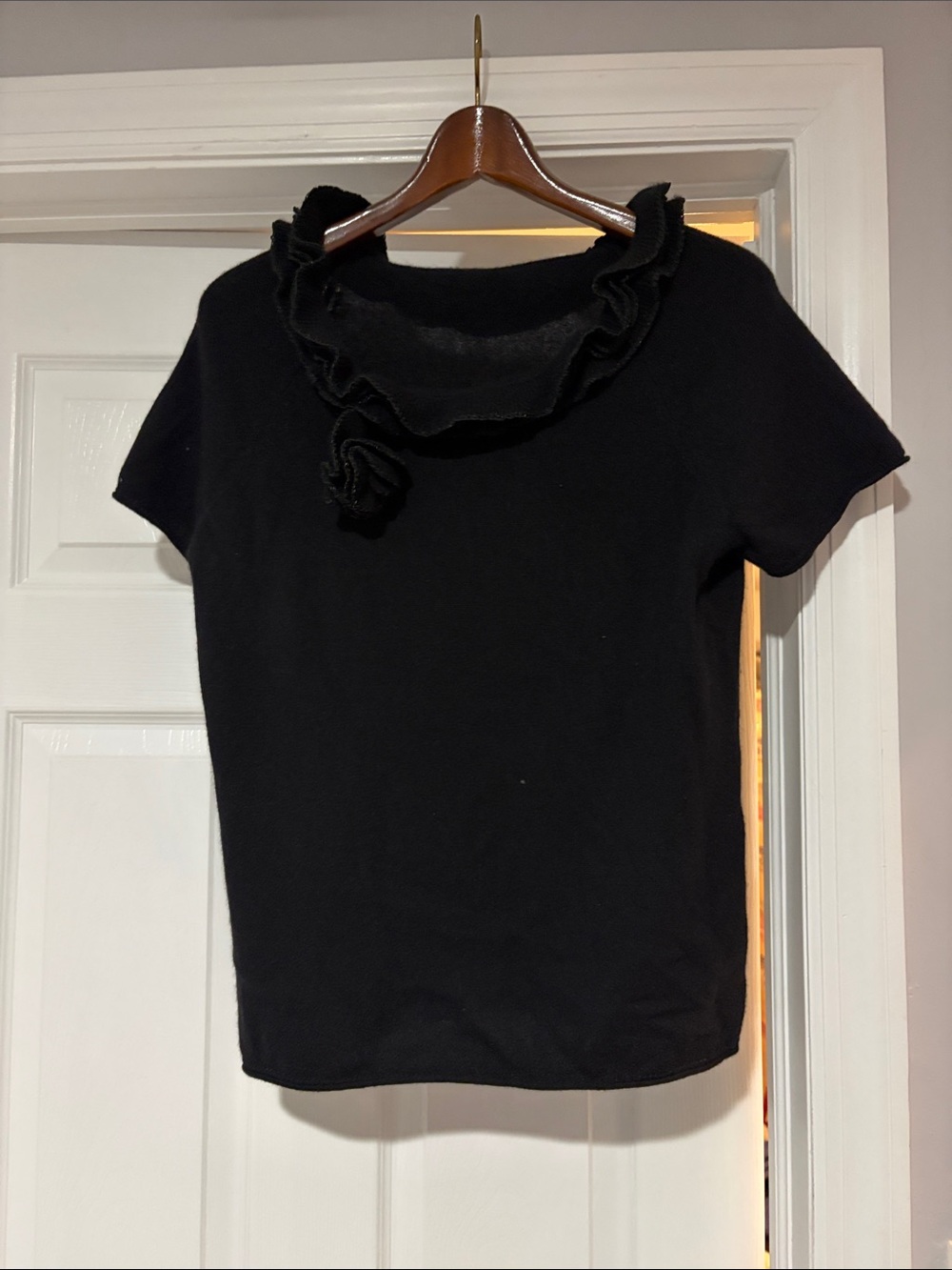 Magaschoni Black Ruffle Collar Short Sleeve Sweater cashmere